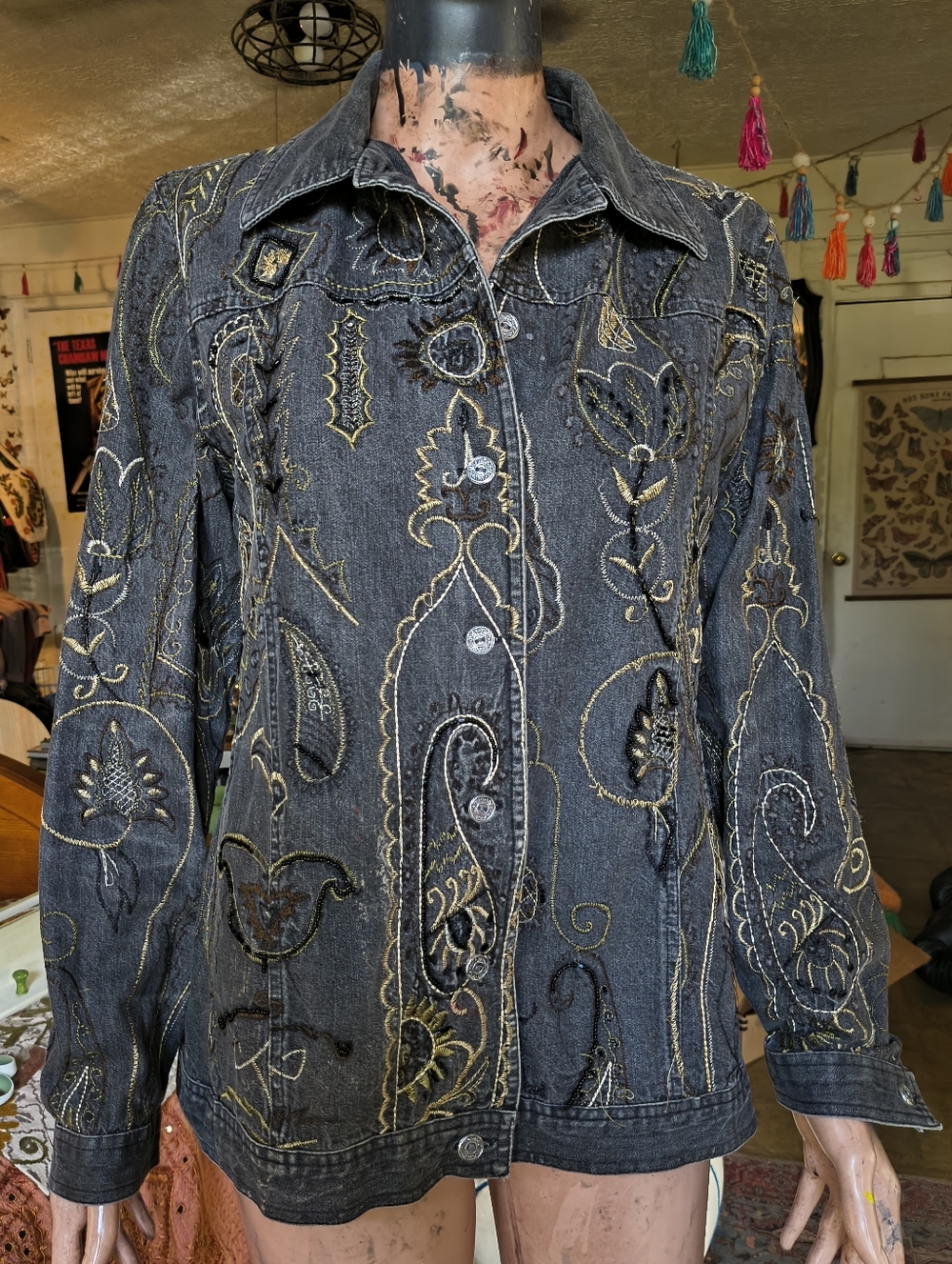 Embroidered Grey Denim Jacket with Embroidered And Beaded Details